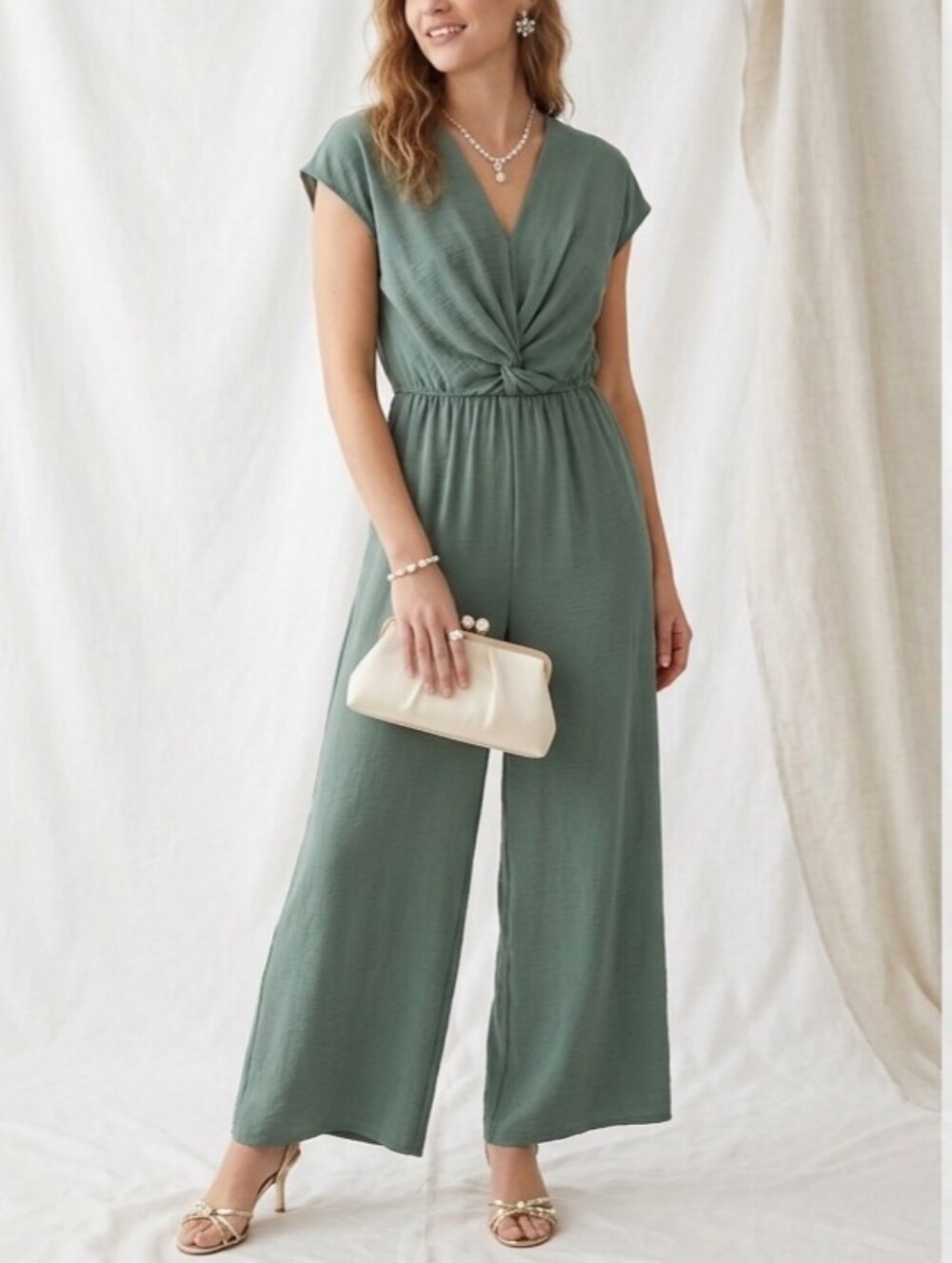 Sz S She+Sky Sage Green Sleeveless V-Neck Wide Leg Jumpsuit